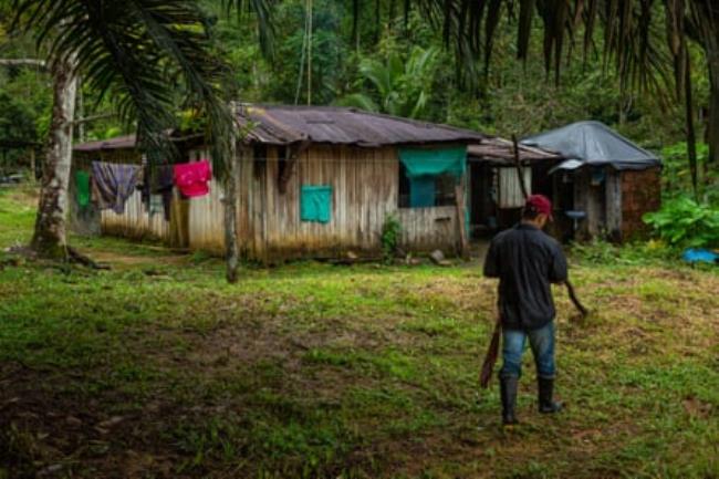 A man in a red cap outside a small house surrounded by forest.