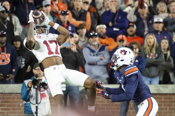 Alabama wide receiver Isaiah Bond somehow came down with a touchdown catch on fourth-and-31 to put the Crimson Tide in front with seconds left in the Iron Bowl. (Michael Chang/Getty Images)